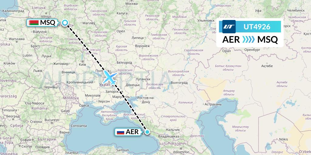 UT4926 UTair Flight Map: Sochi to Minsk
