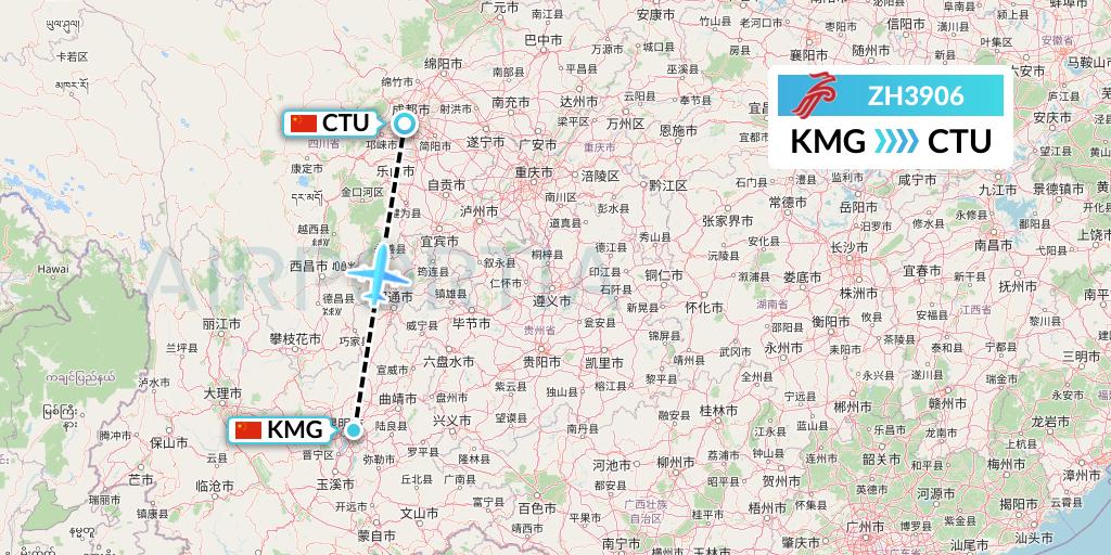 ZH3906 Shenzhen Airlines Flight Map: Kunming to Chengdu