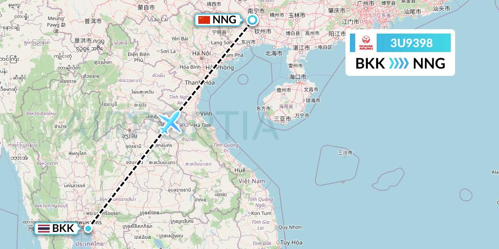 3U9398 Sichuan Airlines Flight Map: Bangkok to Nanning