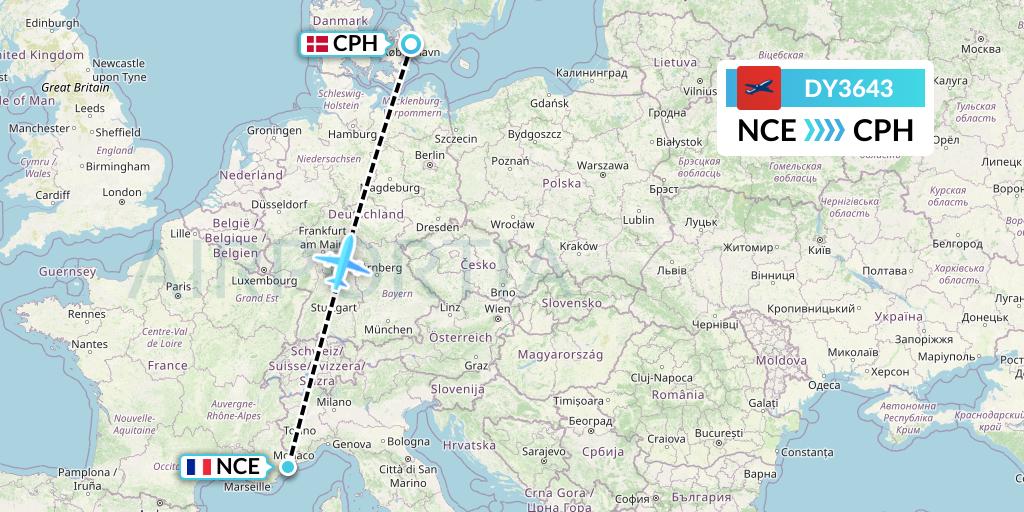 DY3643 Norwegian Flight Map: Nice to Copenhagen