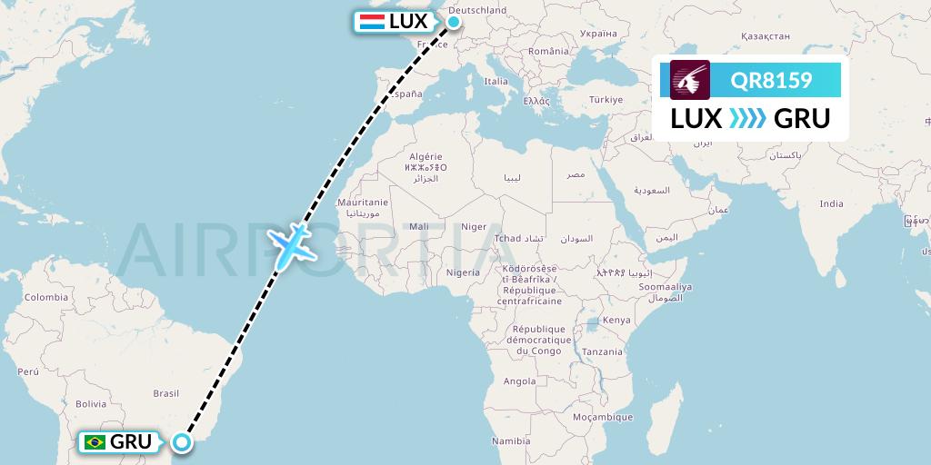 QR8159 Qatar Airways Flight Map: Luxembourg to Sao Paulo