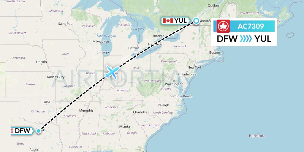 AC7309 Air Canada Flight Map: Dallas to Montreal