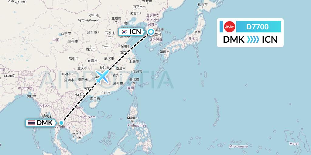 D7700 AirAsia X Flight Map: Bangkok to Seoul