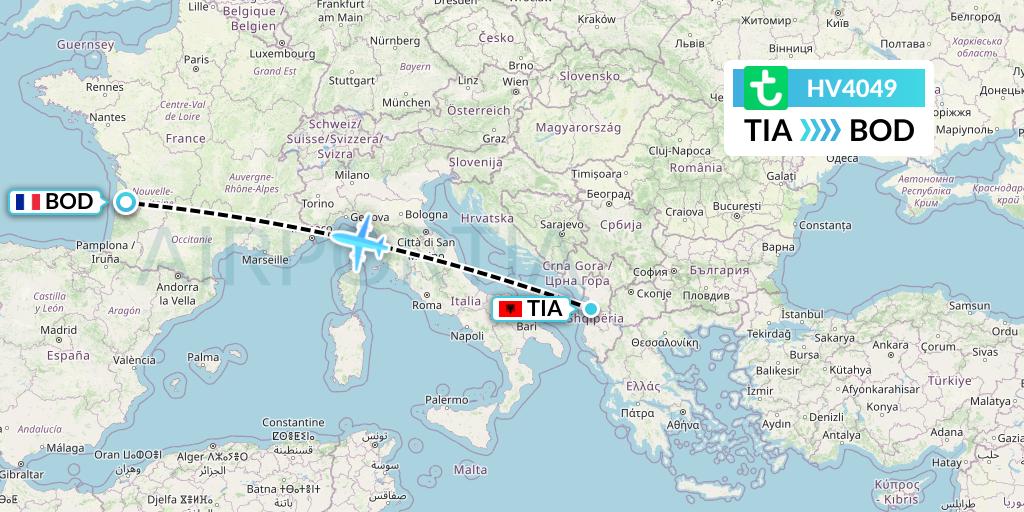HV4049 Transavia Flight Map: Tirana to Bordeaux