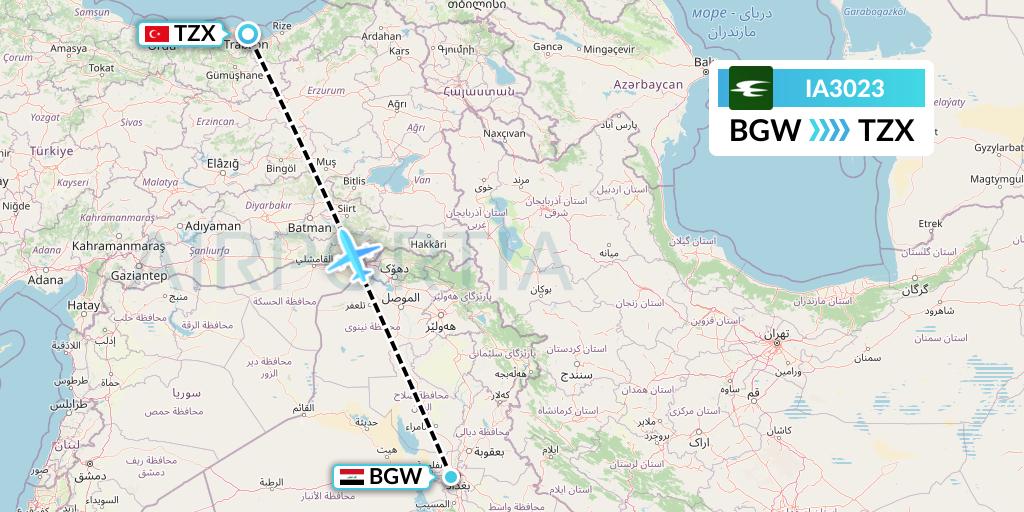 IA3023 Iraqi Airways Flight Map: Baghdad to Trabzon