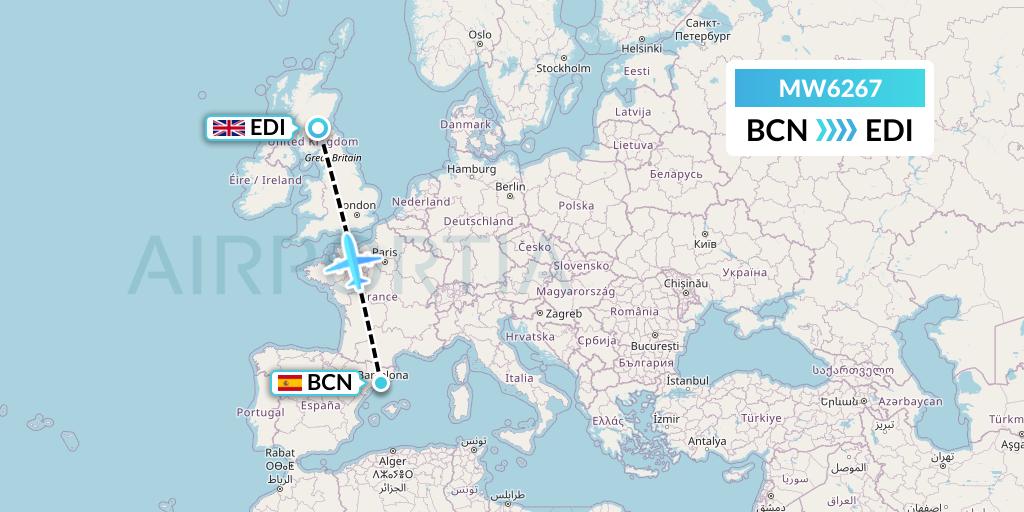 MW6267 Mokulele Flight Service Flight Map: Barcelona to Edinburgh