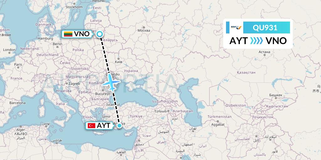 QU931 Azur Air Ukraine Flight Map: Antalya to Vilnius