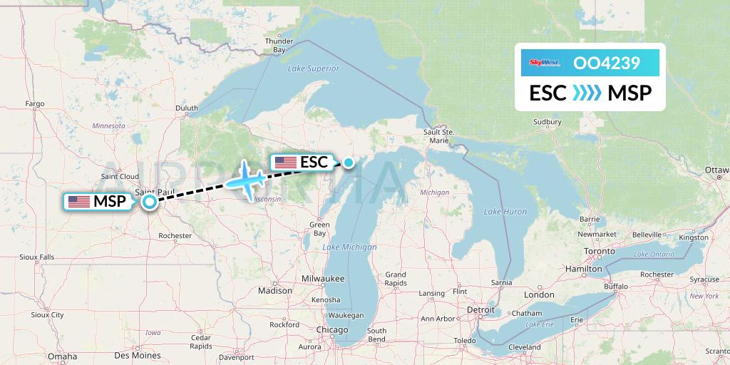OO4239 SkyWest Airlines Flight Map: Escanaba to Minneapolis