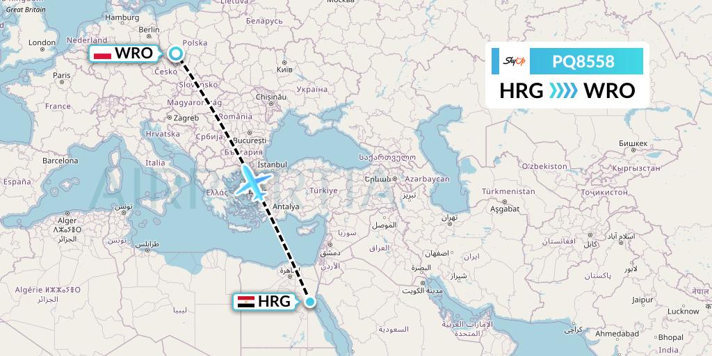 PQ8558 SkyUp Airlines Flight Map: Hurghada to Wroclaw