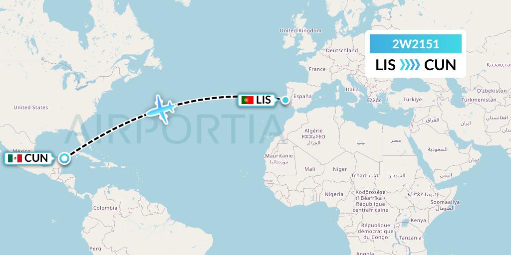 2W2151 World 2 Fly Flight Map: Lisbon to Cancun