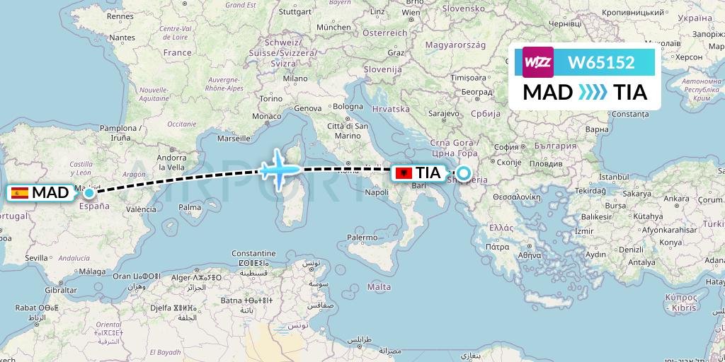 W65152 Wizz Air Flight Map: Madrid to Tirana