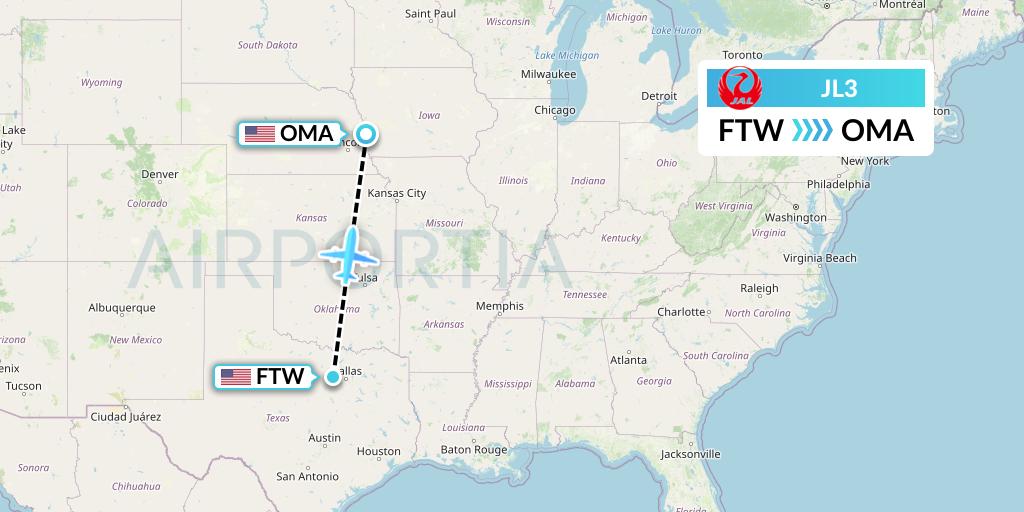 JL3 Japan Airlines Flight Map: Fort Worth to Omaha