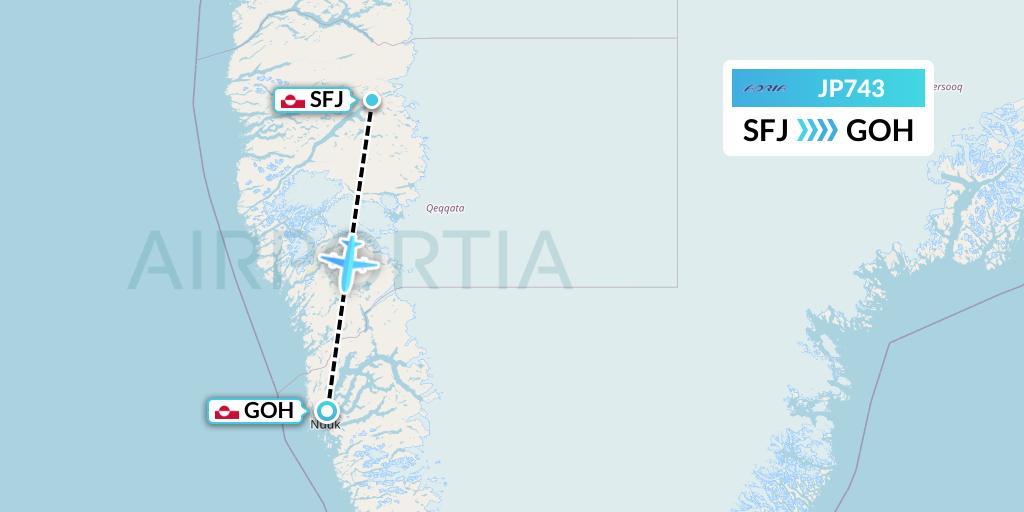 JP743 Adria Airways Flight Map: Kangerlussuaq to Nuuk