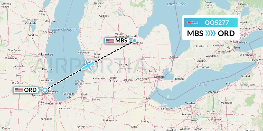 OO5277 SkyWest Airlines Flight Map: Saginaw to Chicago