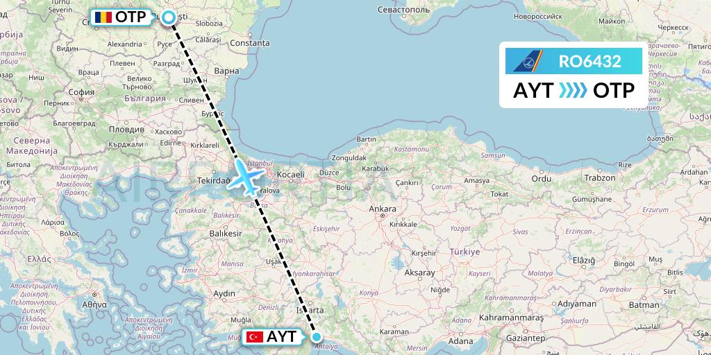 RO6432 Tarom Flight Map: Antalya to Bucharest