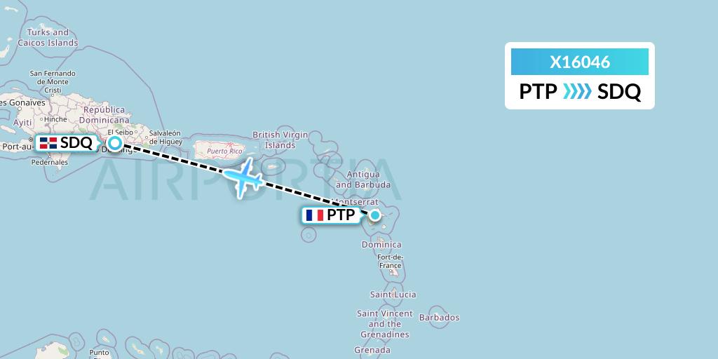 X16046 Nik Airways Flight Map: Pointe-a-Pitre to Santo Domingo