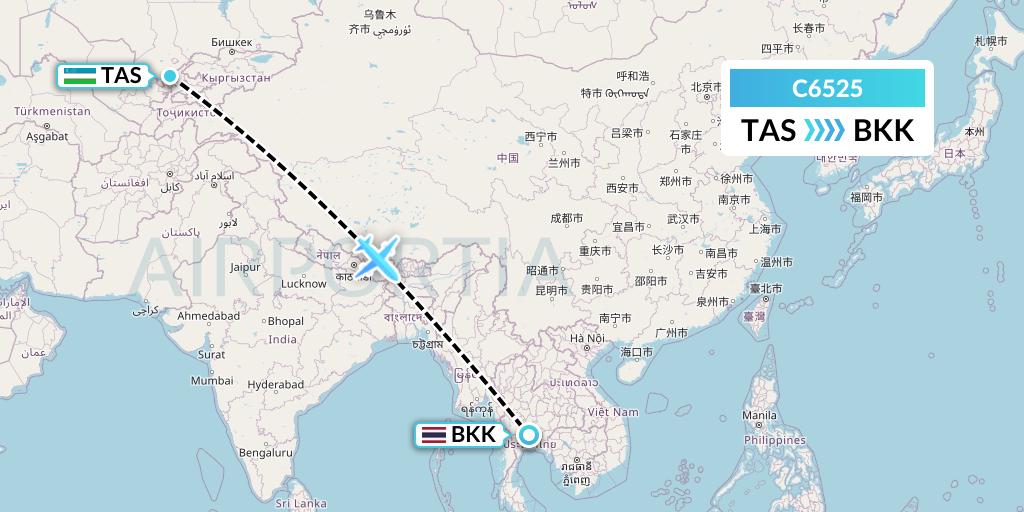 C6525 Capitol Air Express Flight Map: Tashkent to Bangkok