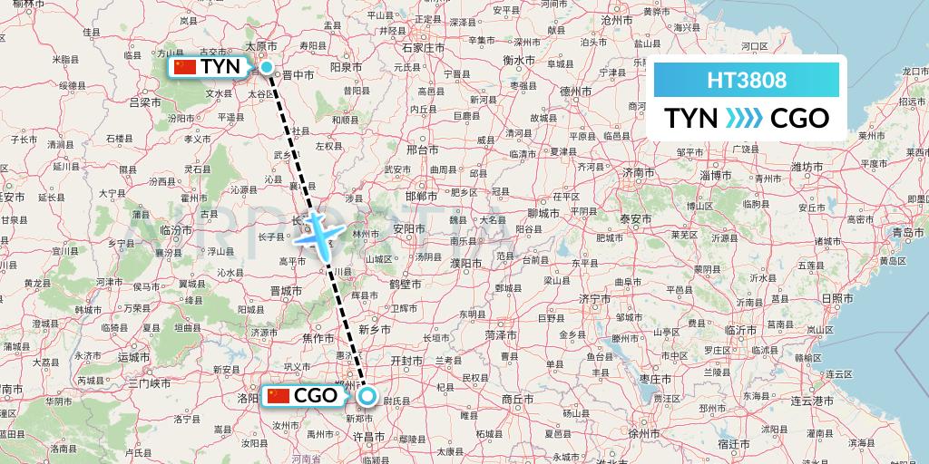 HT3808 Ningxia Cargo Airlines CO.,LTD Flight Map: Taiyuan to Zhengzhou