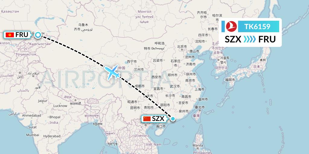 TK6159 Turkish Airlines Flight Map: Shenzhen to Bishkek