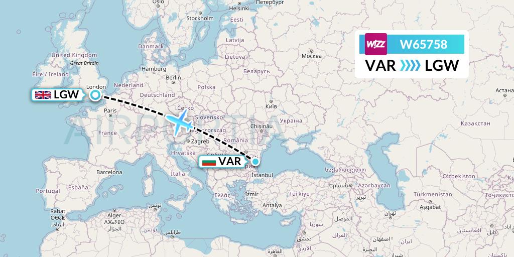 W65758 Wizz Air Flight Map: Varna to London