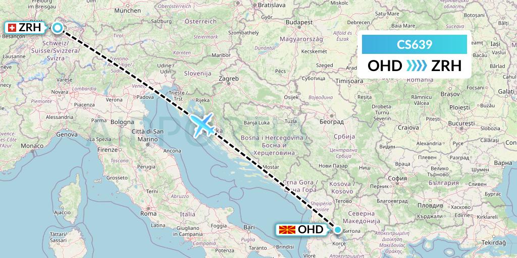 CS639 Continental Micronesia Flight Map: Ohrid to Zurich
