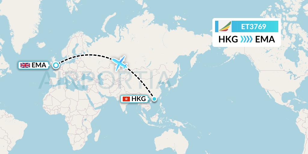 ET3769 Ethiopian Airlines Flight Map: Hong Kong to East Midlands