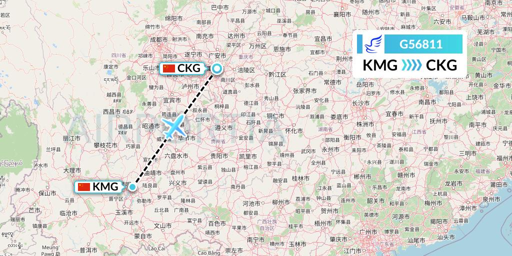 G56811 China Express Airlines Flight Map: Kunming to Chongqing