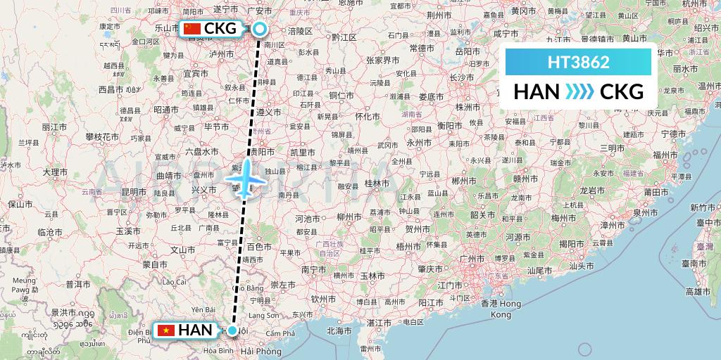 HT3862 Ningxia Cargo Airlines CO.,LTD Flight Map: Hanoi to Chongqing