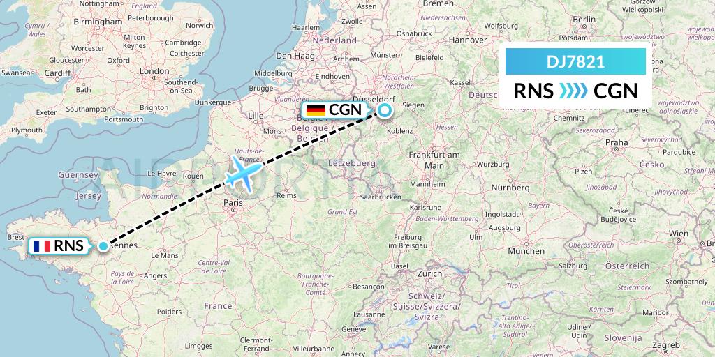 DJ7821 Air Djibouti Flight Map: Rennes to Cologne