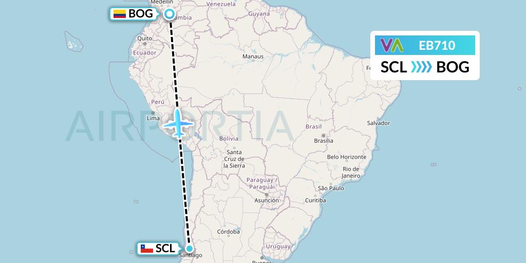 EB710 Wamos Air Flight Map: Santiago to Bogota