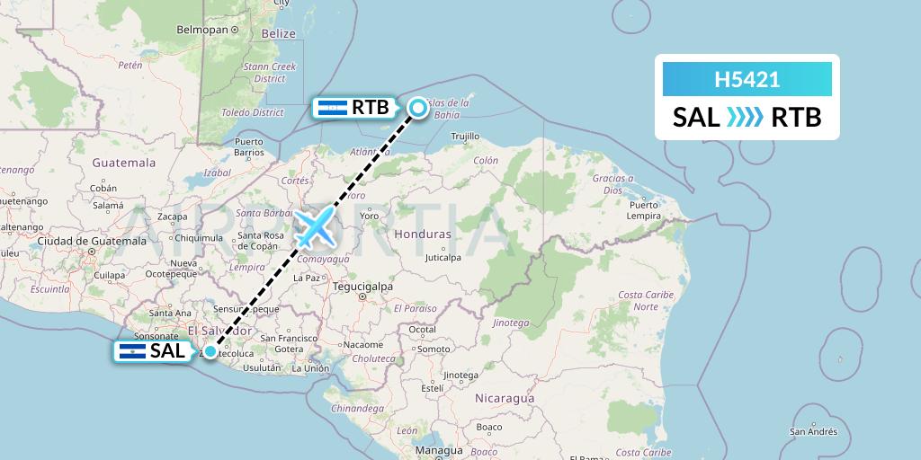 H5421 MAVIAL - Magadan Airlines Flight Map: San Salvador to Roatan