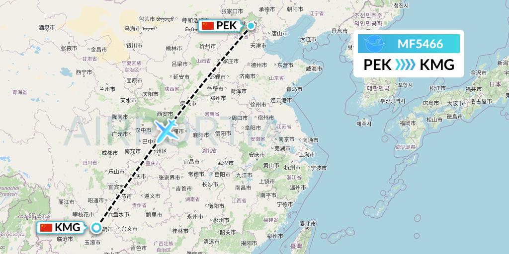 MF5466 Xiamen Airlines Flight Map: Beijing to Kunming