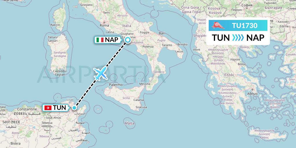 TU1730 Tunisair Flight Map: Tunis to Naples