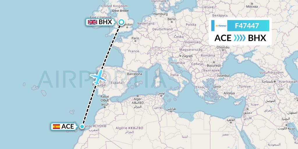 F47447 Air Flamenco Flight Map: Lanzarote to Birmingham