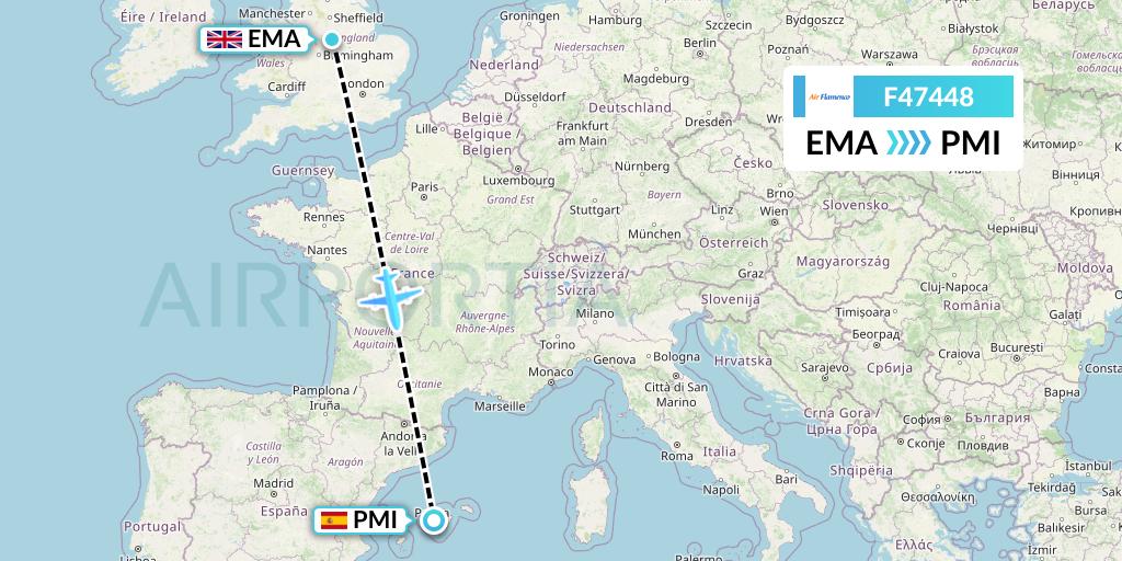 F47448 Air Flamenco Flight Map: East Midlands to Palma de Mallorca