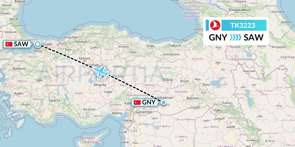 TK3223 Turkish Airlines Flight Map: Sanliurfa to Istanbul