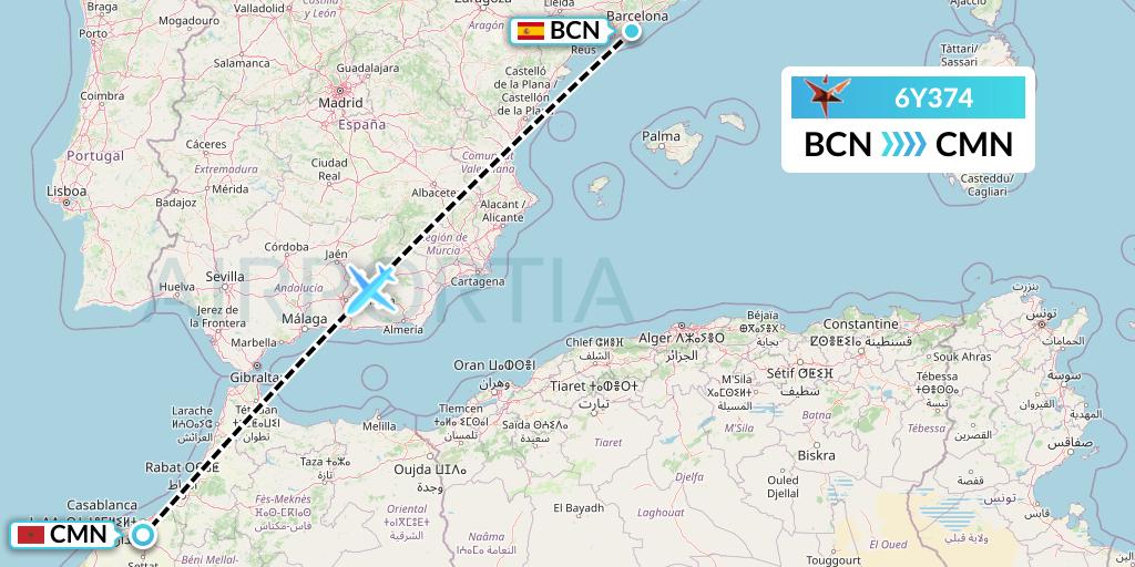 6Y374 SmartLynx Flight Map: Barcelona to Casablanca