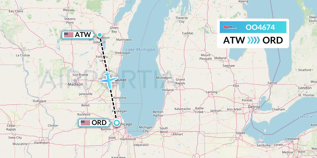 OO4674 SkyWest Airlines Flight Map: Appleton to Chicago