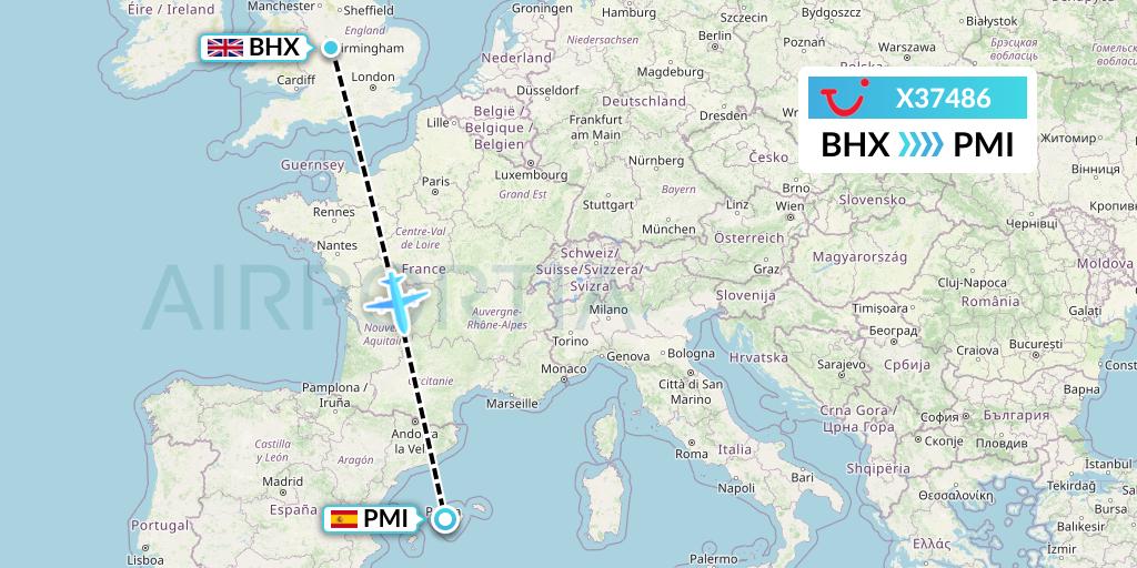 X37486 TUI fly Germany Flight Map: Birmingham to Palma de Mallorca