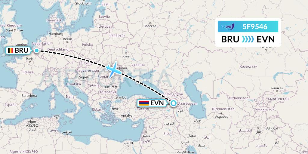 5F9546 Fly One Flight Map: Brussels to Yerevan