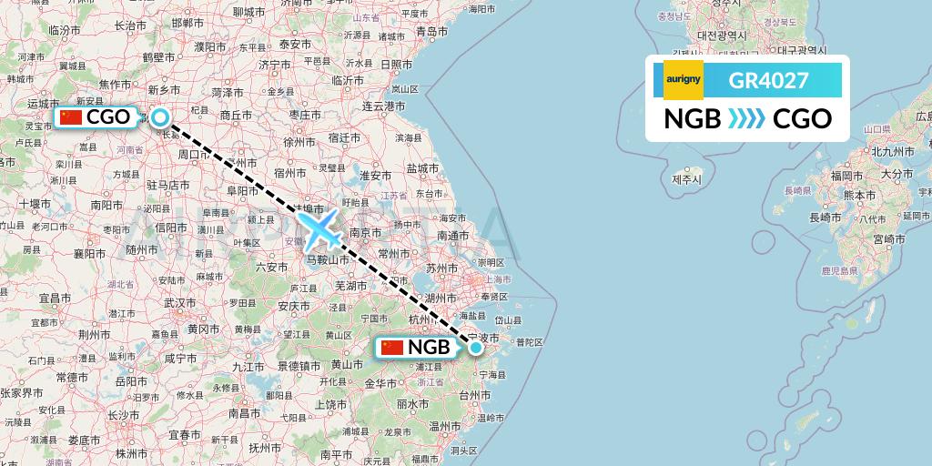 GR4027 Aurigny Air Services Flight Map: Ningbo to Zhengzhou