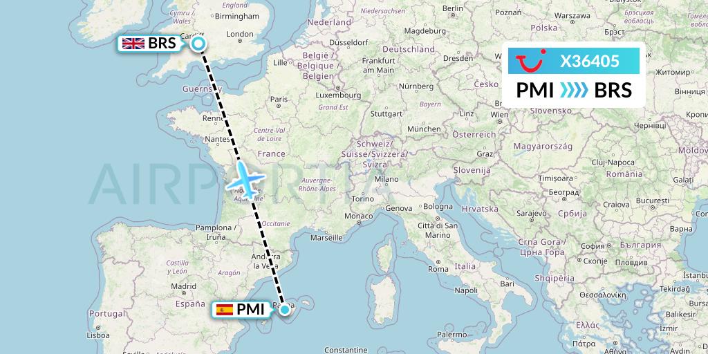 X36405 TUI fly Germany Flight Map: Palma de Mallorca to Bristol