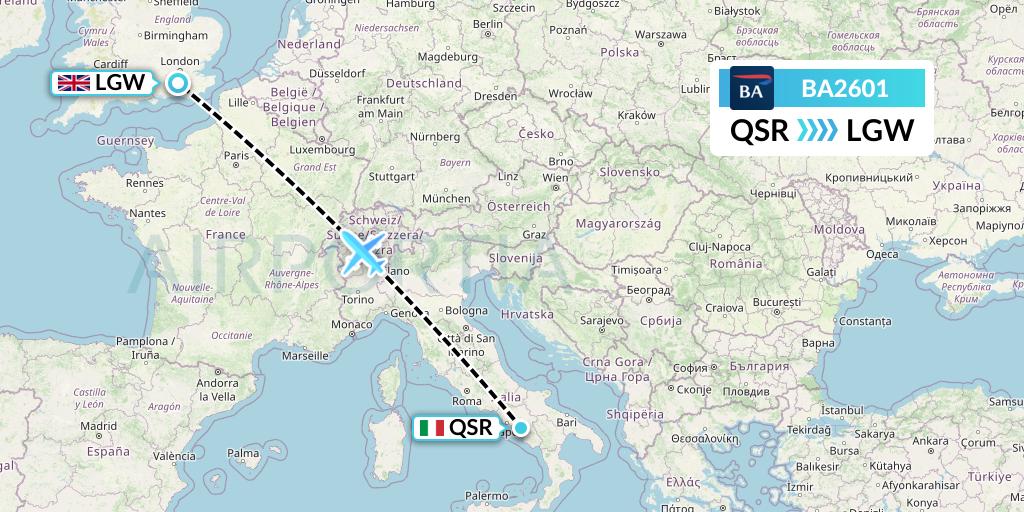BA2601 British Airways Flight Map: Salerno to London