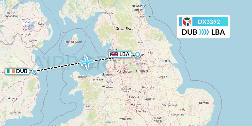 DX3392 Danish Air Transport Flight Map: Dublin to Leeds