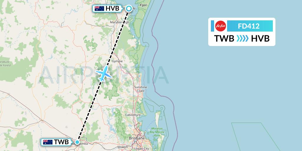 FD412 Thai AirAsia Flight Map: Toowoomba to Hervey Bay