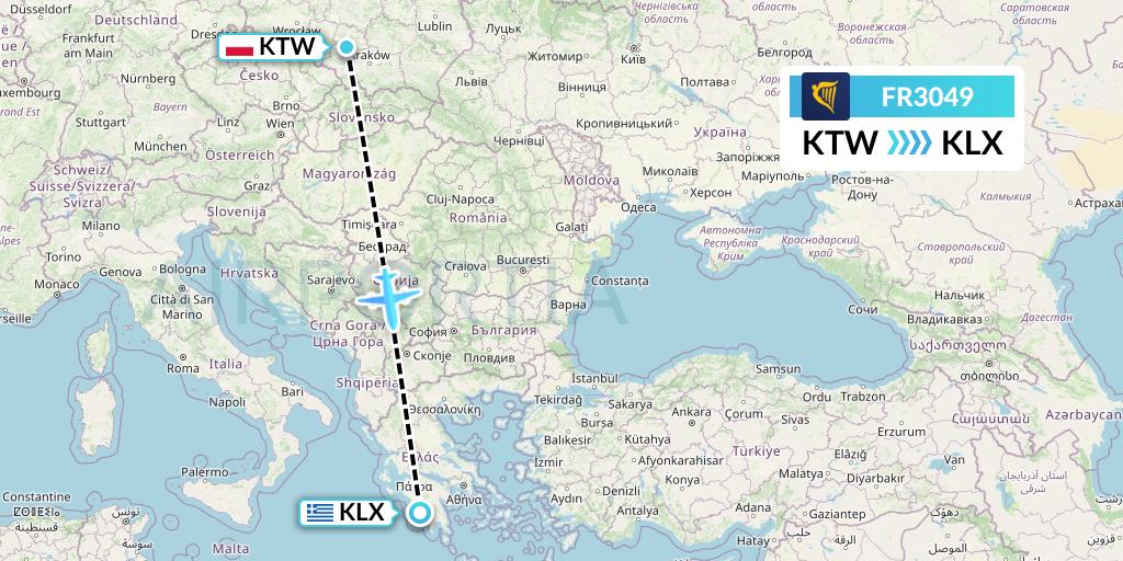 FR3049 Ryanair Flight Map: Katowice to Kalamata