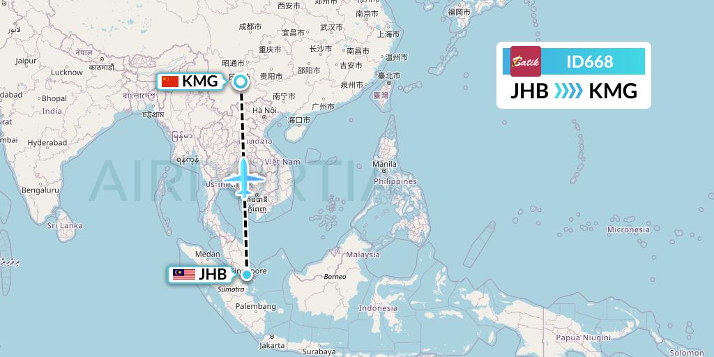 ID668 Batik Air Flight Map: Johor Bahru to Kunming