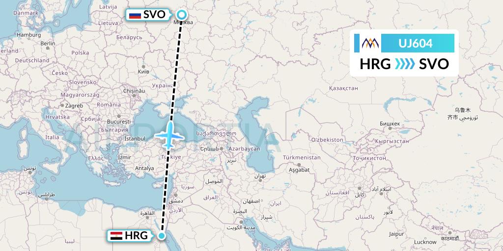 UJ604 AlMasria Universal Airlines Flight Map: Hurghada to Moscow