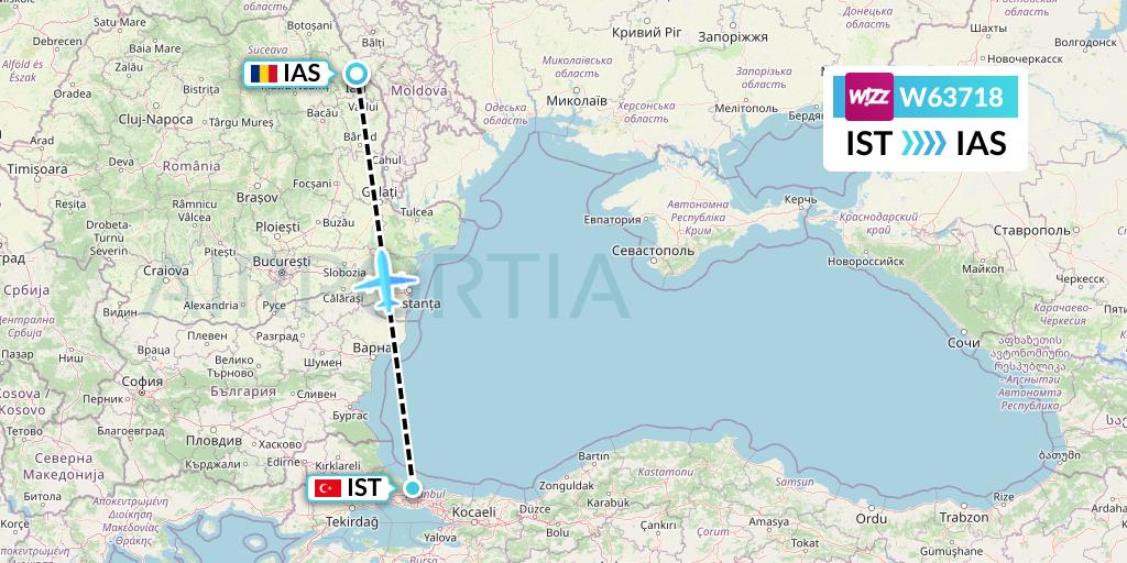 W63718 Wizz Air Flight Map: Istanbul to Iasi