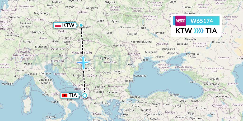 W65174 Wizz Air Flight Map: Katowice to Tirana